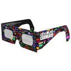 Front-side main angle view of neon eclipse glasses, highlighting vibrant colors and CE certification.
