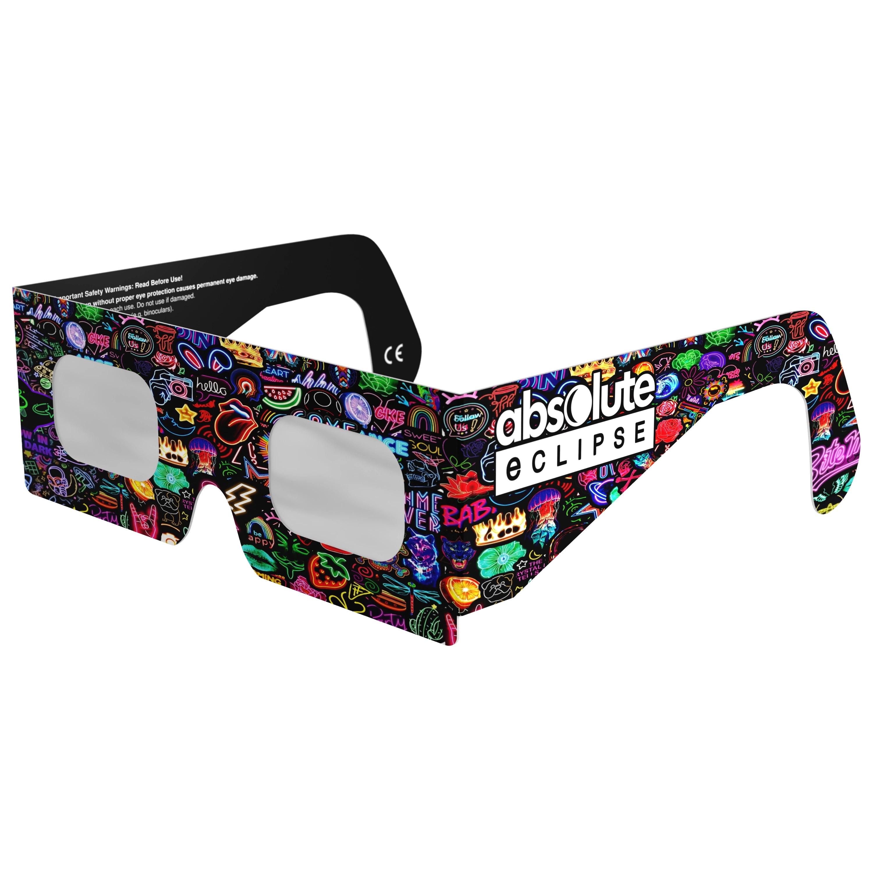 Front-side main angle view of neon eclipse glasses, highlighting vibrant colors and CE certification.
