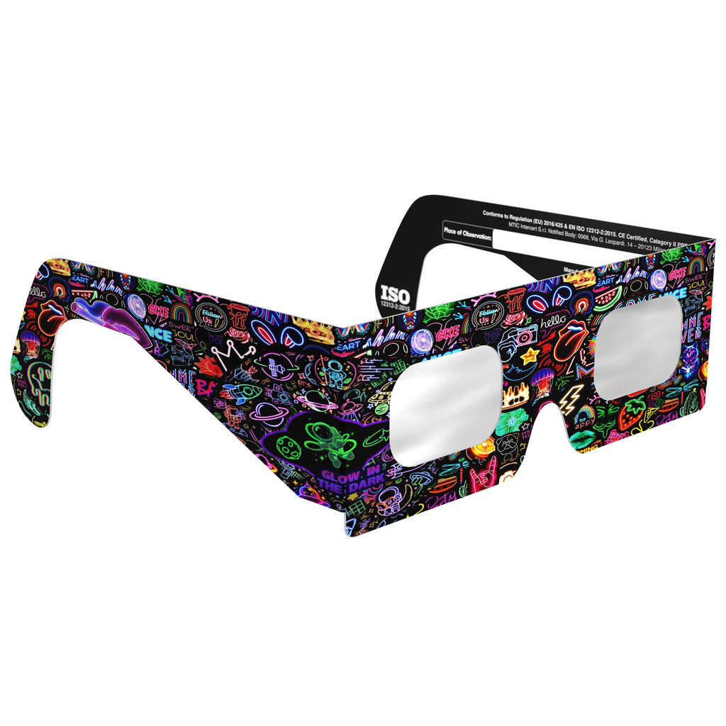 Front-side angle of neon solar eclipse glasses, highlighting their bright, electric design.