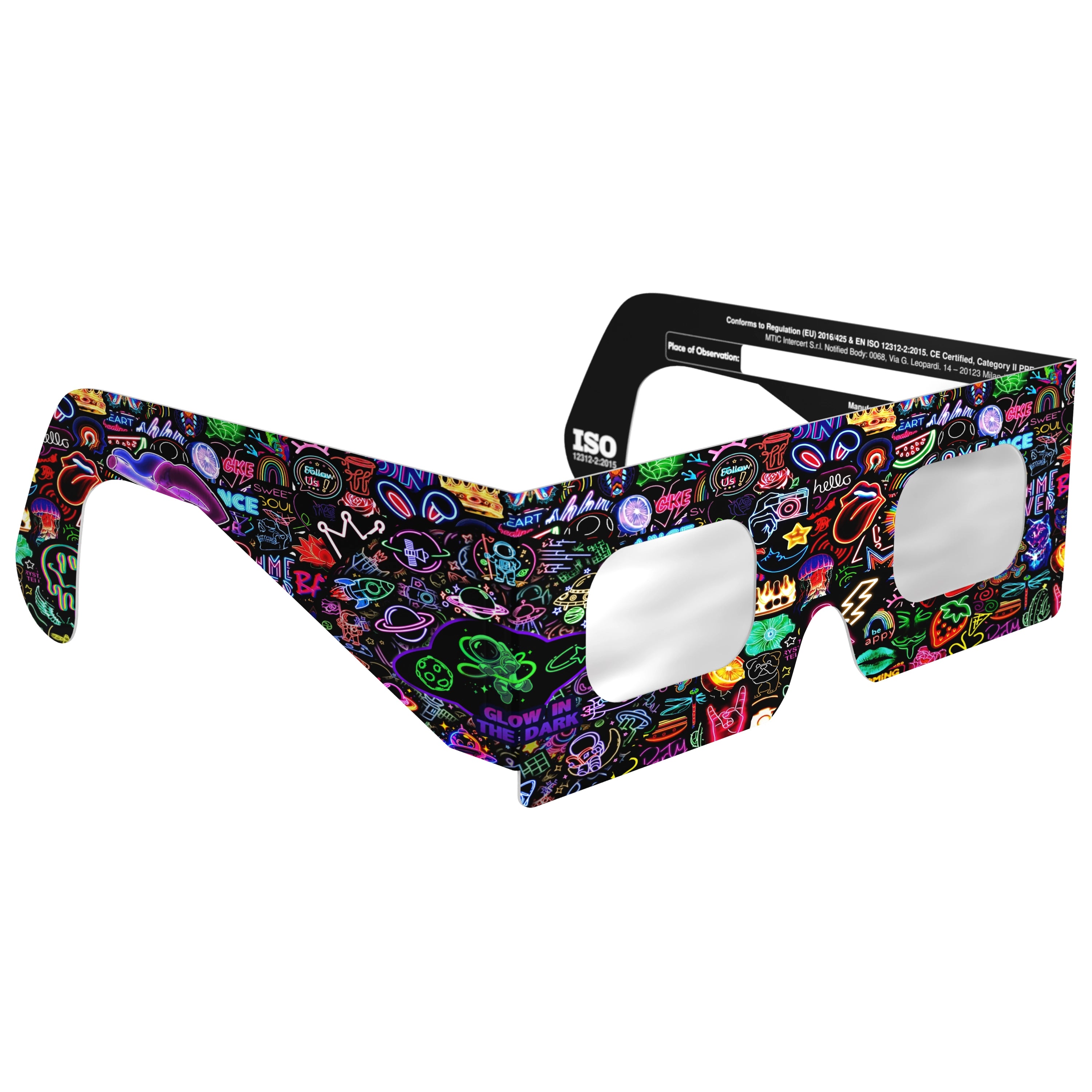 Front-side angle of neon solar eclipse glasses, highlighting their bright, electric design.