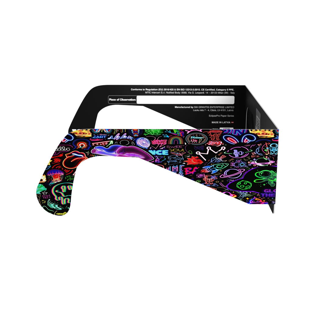 Side profile view of neon eclipse glasses, emphasizing their vibrant colors and stylish design.