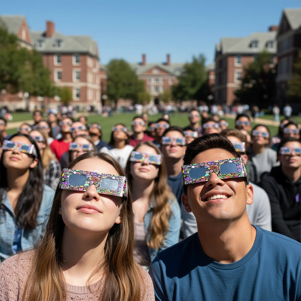 A large crowd of students on campus wearing neon eclipse glasses, all looking up at the bright sky during a public viewing event.
