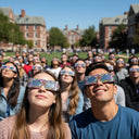 Eine große Menge Studenten auf dem Campus mit Neon-Sonnenfinsternis-Brille, die bei einer öffentlichen Beobachtungsveranstaltung alle zum hellen Himmel blicken.