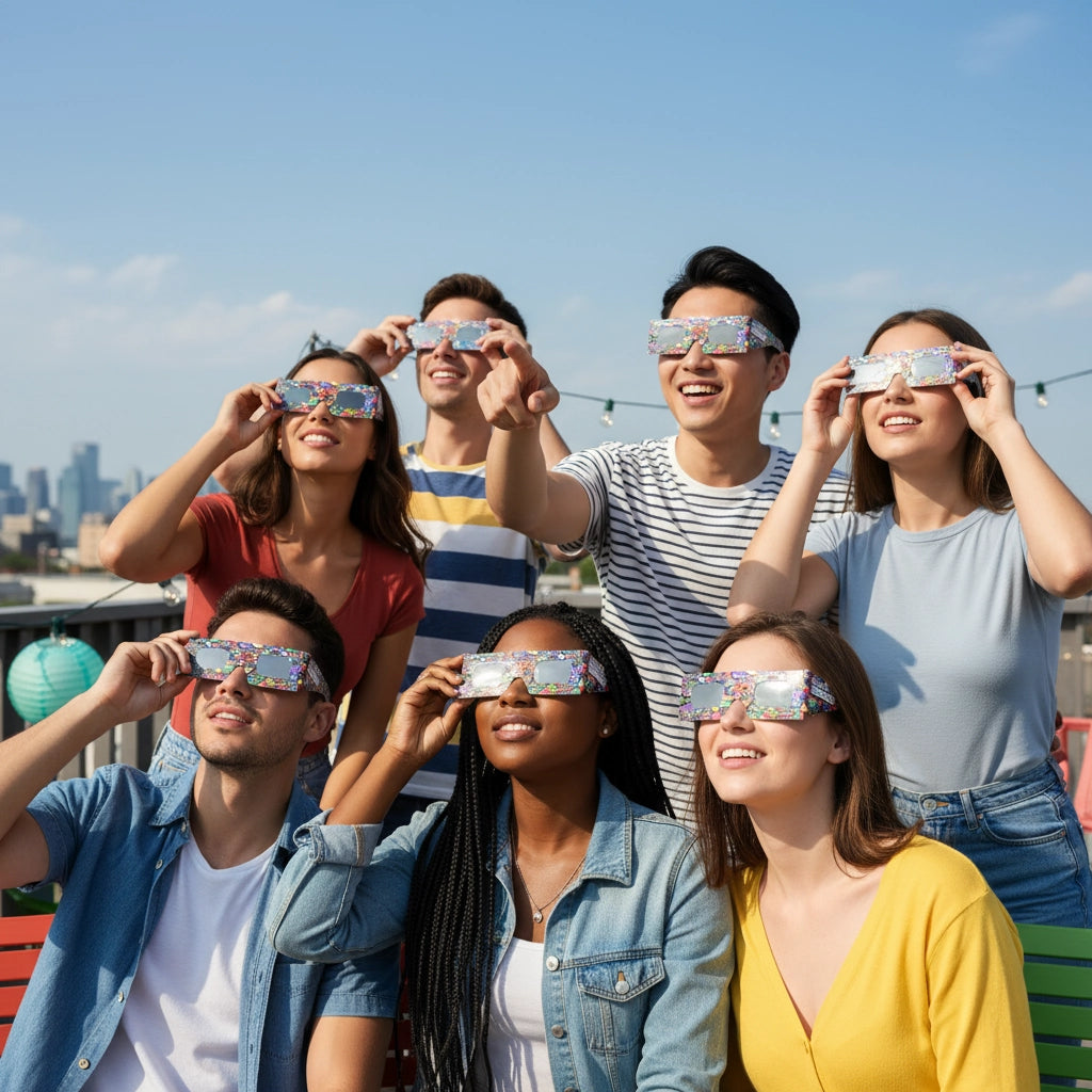 A vibrant group of six friends enjoying a rooftop party, all wearing neon eclipse glasses and looking up at the sunny sky.