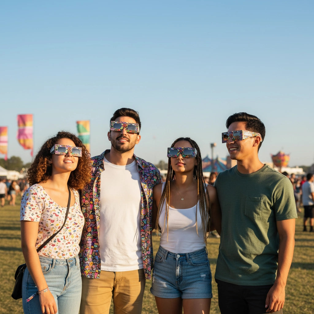 Four friends at a music festival wearing neon eclipse glasses, expressing awe while looking up at the bright sky.