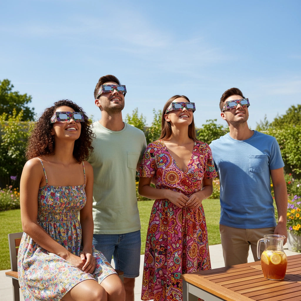 Four friends wearing bright neon eclipse glasses on a sunny patio, sharing wonder as they look at the clear blue sky.