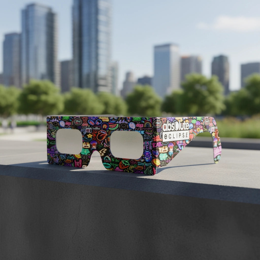 Bright neon solar eclipse glasses resting on a dark grey concrete ledge in an urban park, CE certified for safe viewing.