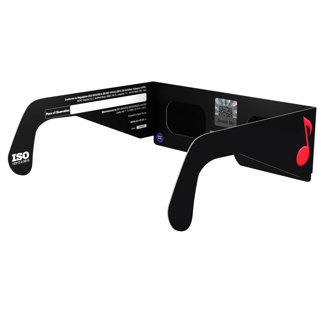 Back-side angle of Notes design eclipse glasses, featuring a QR authenticity sticker visible, showcasing the musical theme.