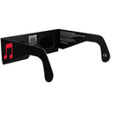 Back-side alternate angle of Notes design eclipse glasses, showing the unique design and QR authenticity sticker.