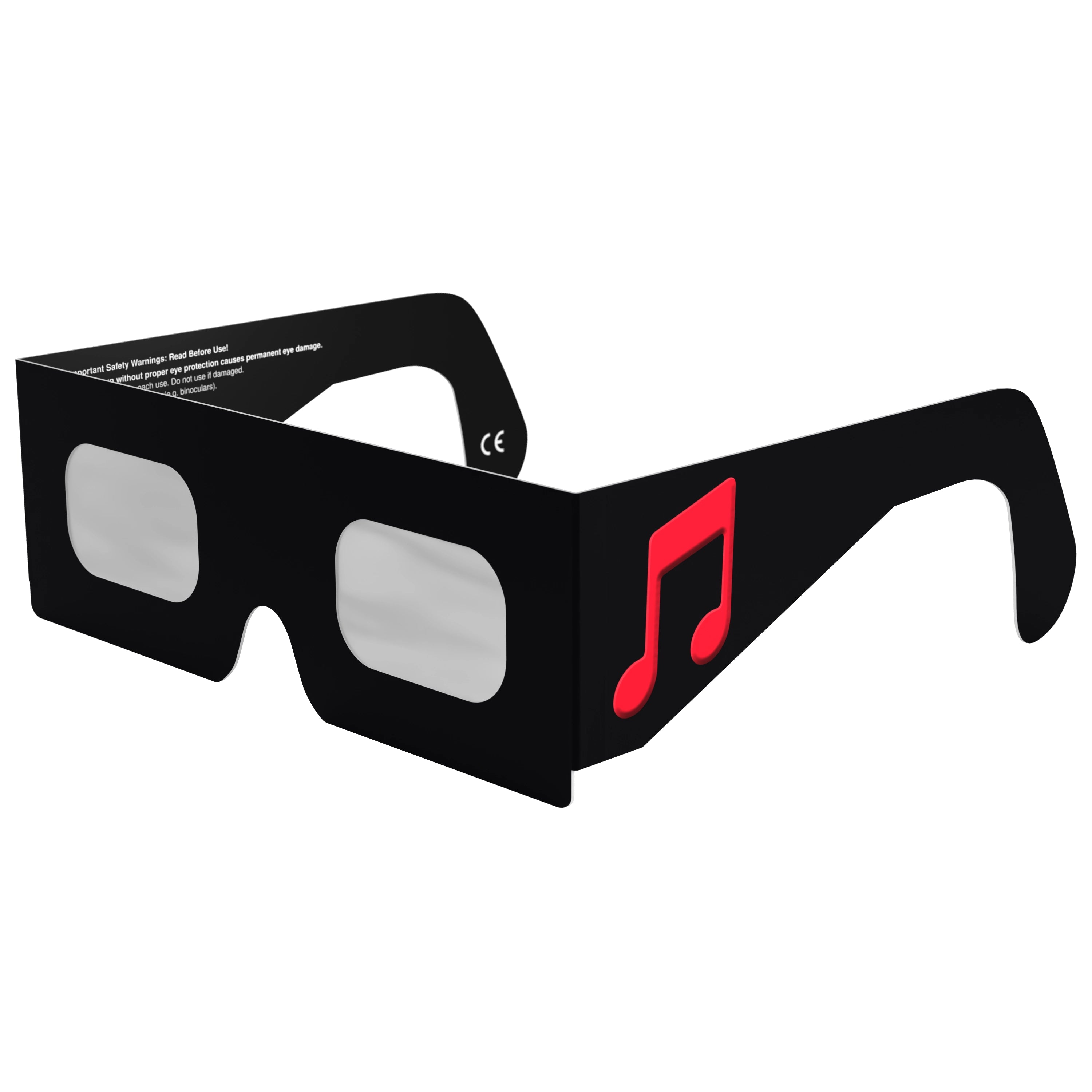 Front-side angle view of Notes design eclipse glasses, clearly displaying the flat lenses and musical design.