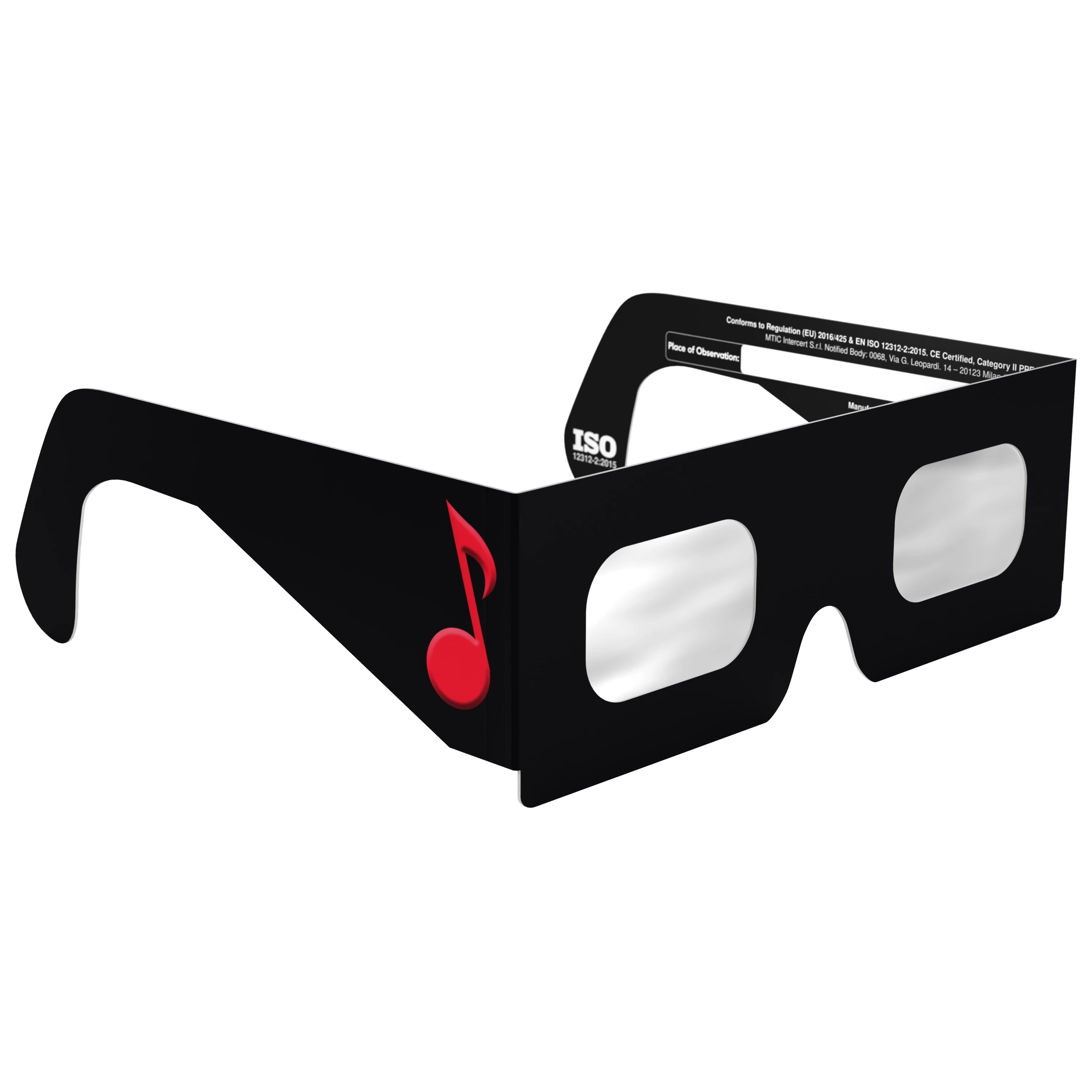 45-degree angle view of Notes design eclipse glasses, emphasizing the flat lens surface and musical notation design.