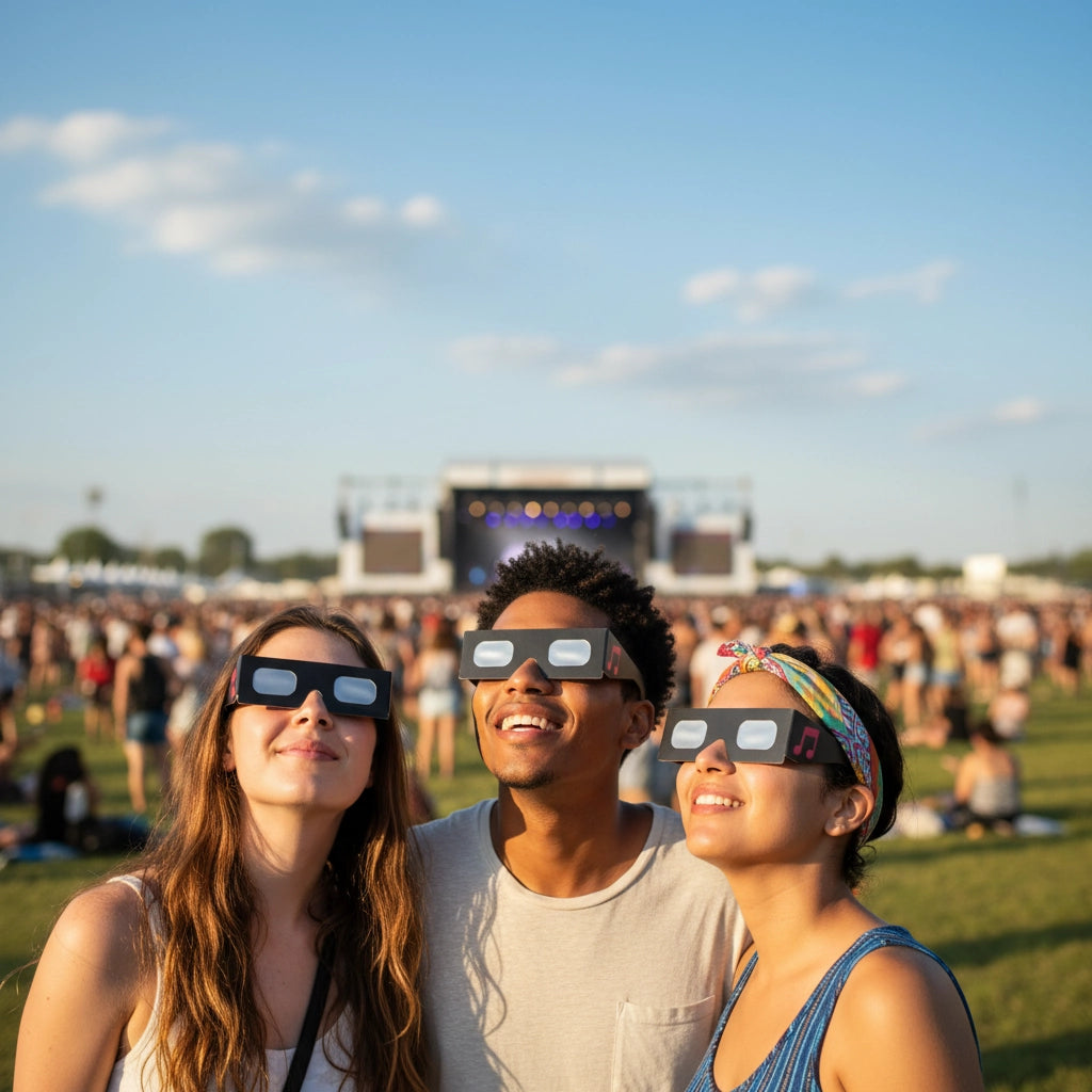 Diverse group at a massive music festival, all wearing Notes design glasses, filled with happiness, enjoying a sunny afternoon together.
