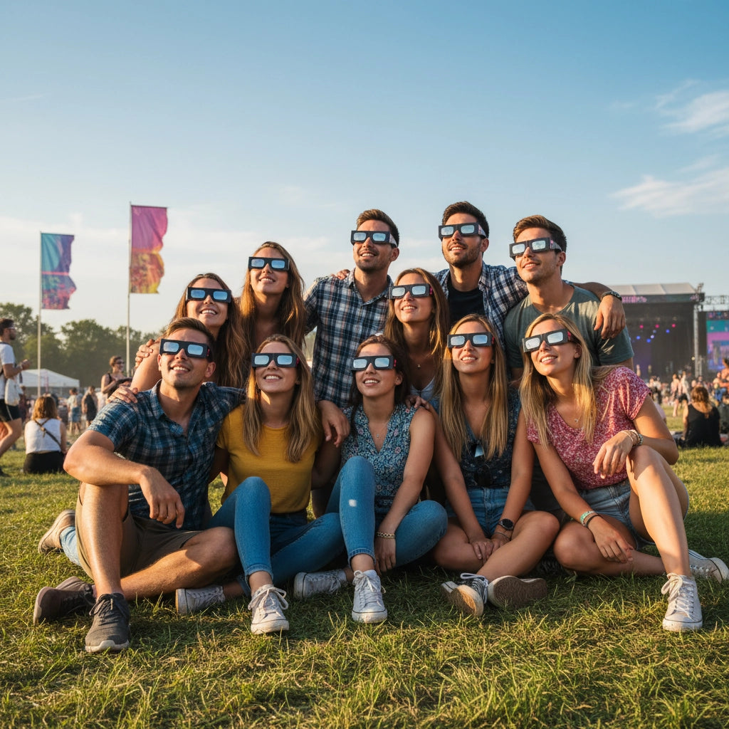 Group of friends at a lively festival, all wearing Notes design glasses, sharing joyful expressions while looking up at the sky.