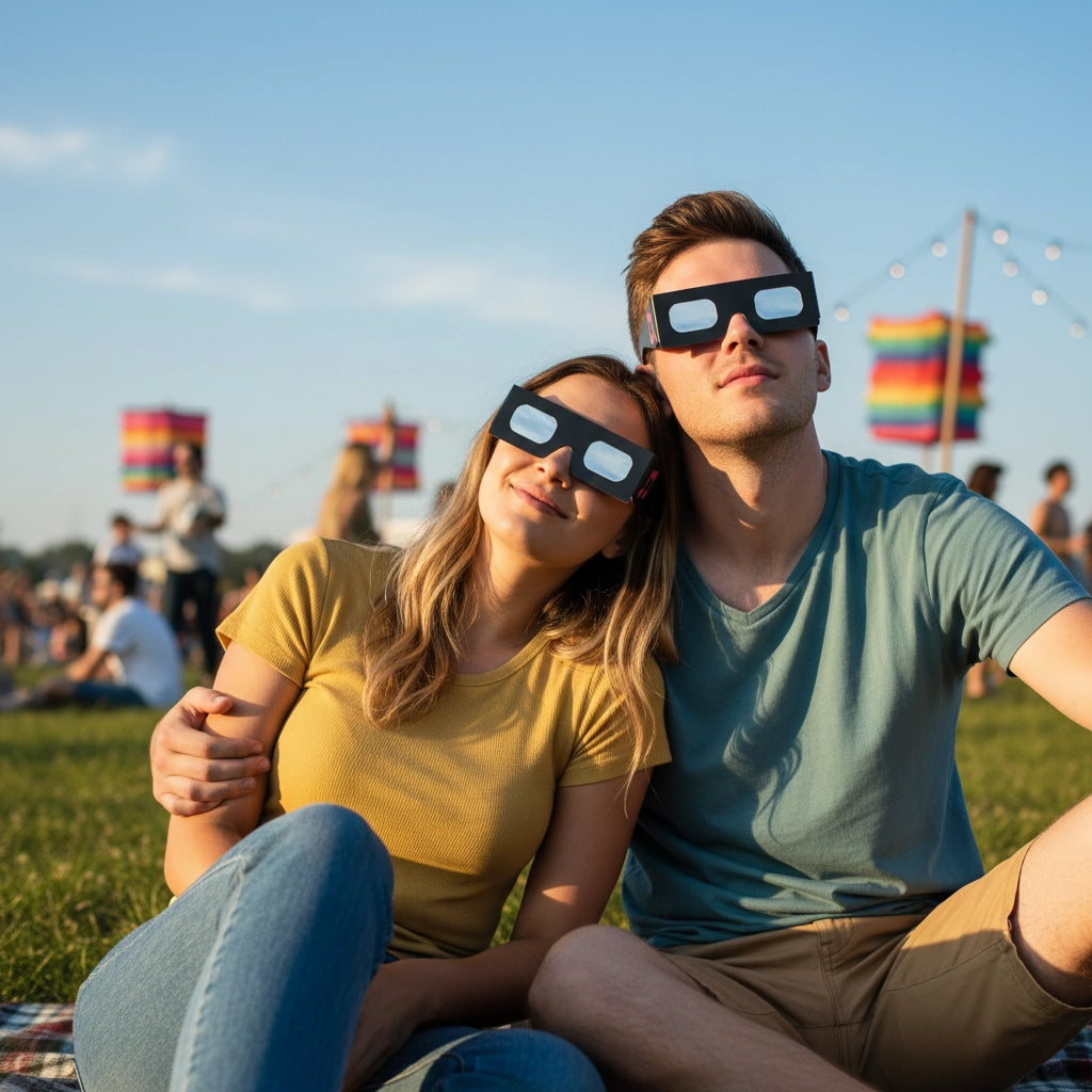 Affectionate couple at a music festival, both wearing Notes design glasses, sharing a moment of wonder under a clear sky.