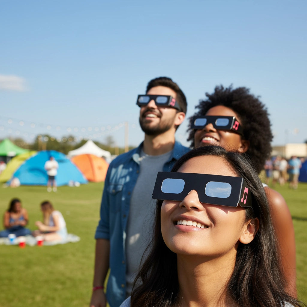 Three friends at a festival, wearing Notes design eclipse glasses, gazing upward with joy, surrounded by a vibrant festival atmosphere.