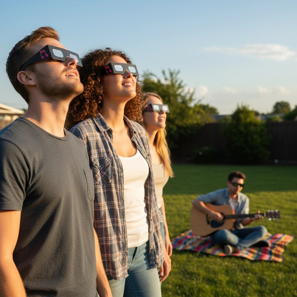 Friends enjoying a backyard music gathering, wearing Notes design eclipse glasses, looking up in awe and joy under golden sunlight.