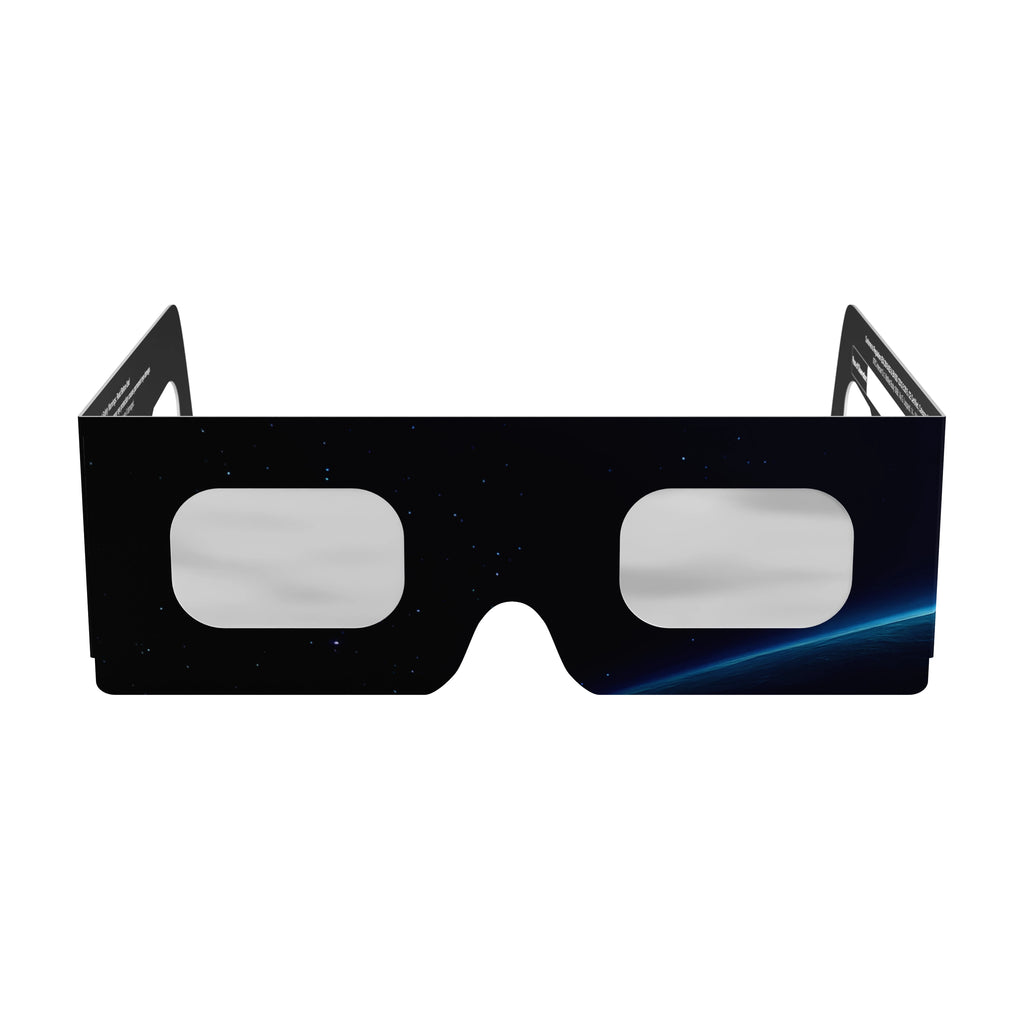 Front view of Orbiter design solar eclipse glasses, showcasing their sleek structure and CE certification.