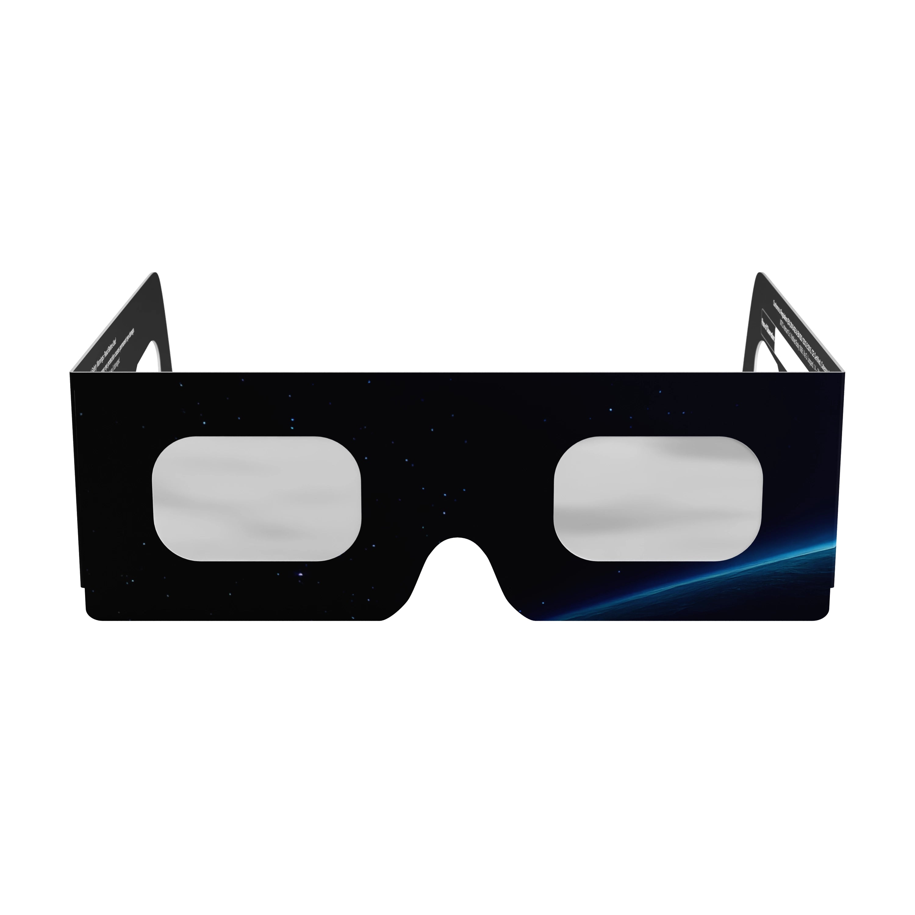 Front view of Orbiter design solar eclipse glasses, showcasing their sleek structure and CE certification.