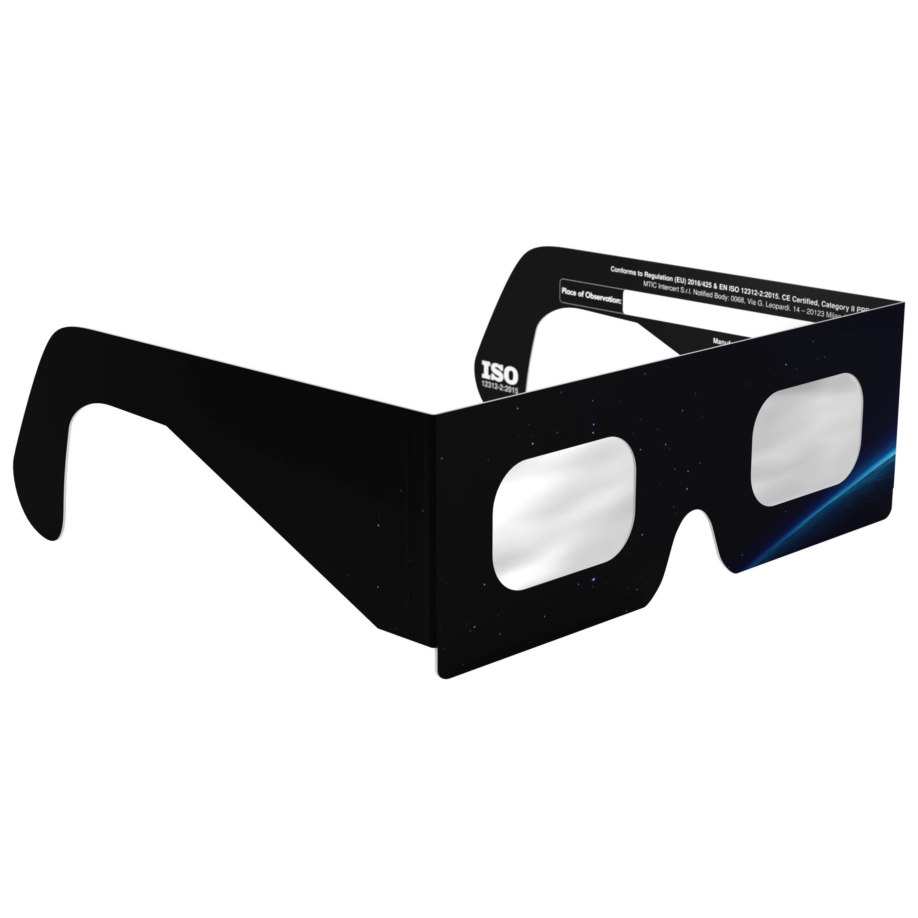 45-degree angle view of Orbiter solar eclipse glasses, highlighting their unique design and safety features.
