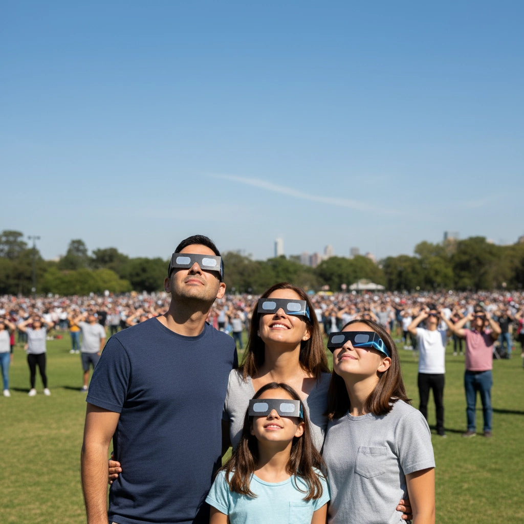 A family of three wearing Orbiter glasses at a public viewing event, all gazing at the bright sky with excitement.