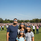A family of three wearing Orbiter glasses at a public viewing event, all gazing at the bright sky with excitement.