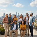 Colleagues at a rooftop terrace, some wearing Orbiter glasses, experiencing a joyful solar eclipse viewing party.