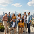 Colleagues at a rooftop terrace, some wearing Orbiter glasses, experiencing a joyful solar eclipse viewing party.