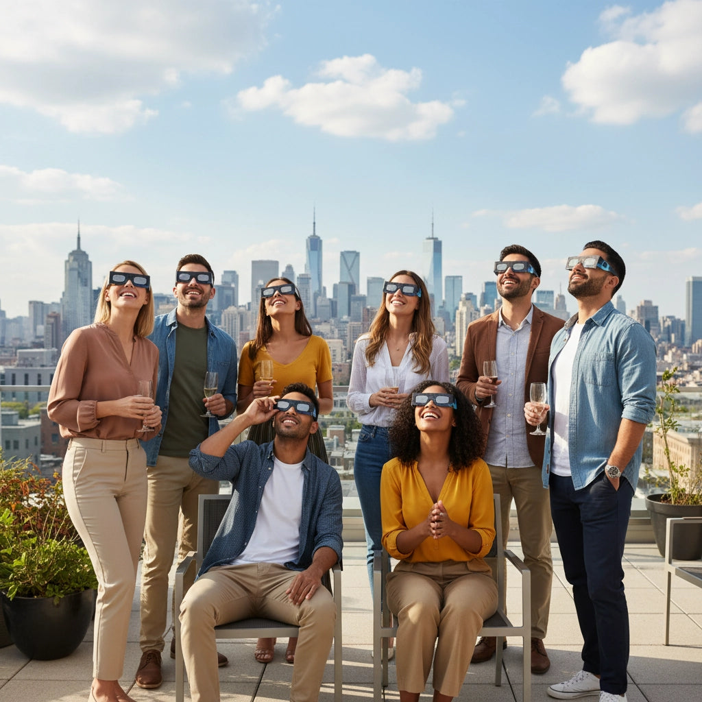 Colleagues at a rooftop terrace, some wearing Orbiter glasses, experiencing a joyful solar eclipse viewing party.