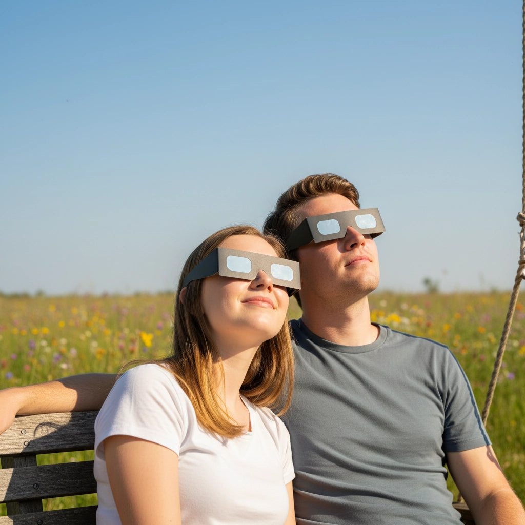 A young couple on a porch swing, wearing Orbiter eclipse glasses, gazing at the sky in awe during a sunny day.