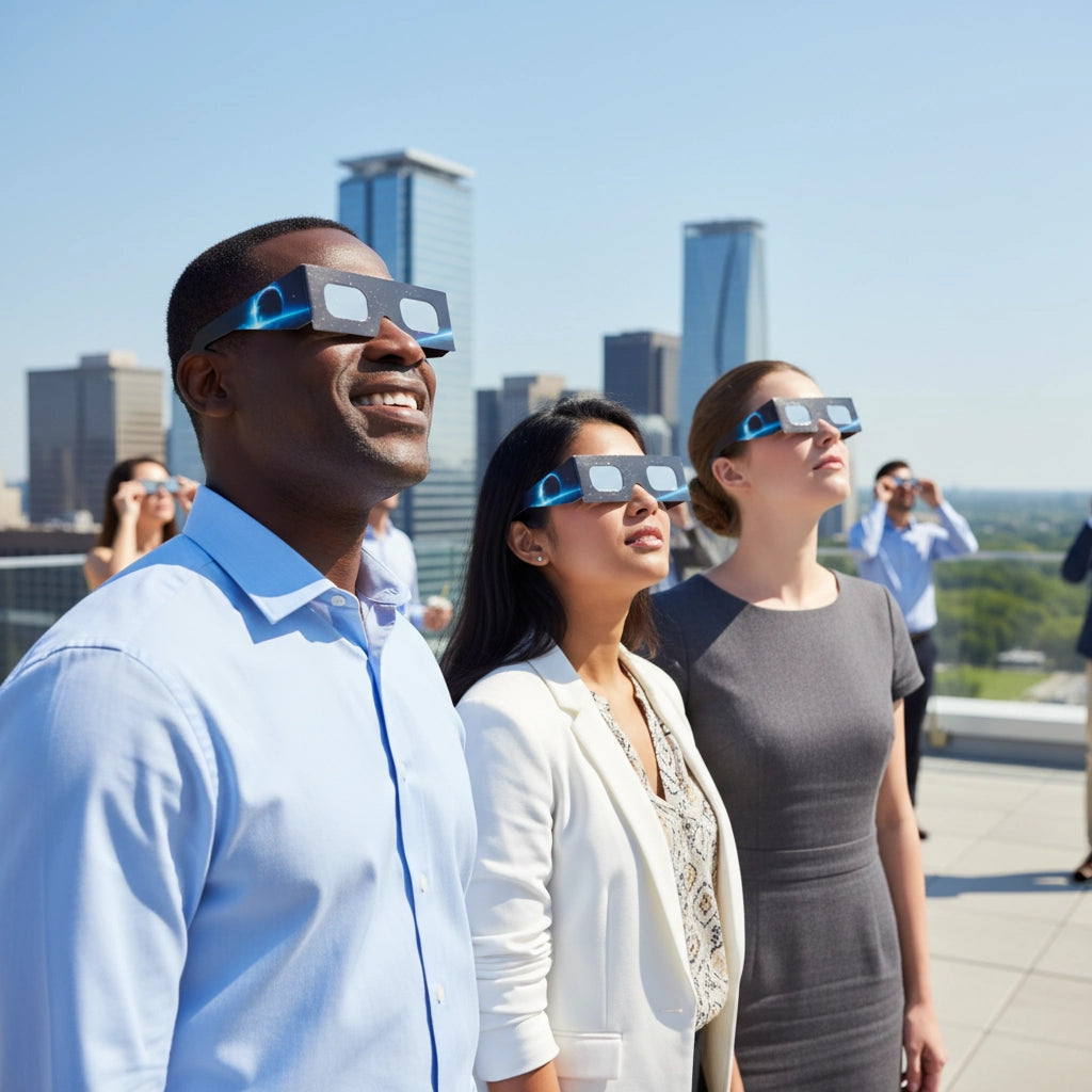 Three professionals standing on a rooftop, wearing Orbiter glasses and looking up in wonder at the sunny sky.