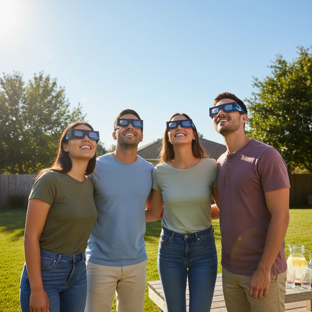Four friends enjoying a sunny afternoon in a backyard, all wearing Orbiter glasses, captivated by the sky.