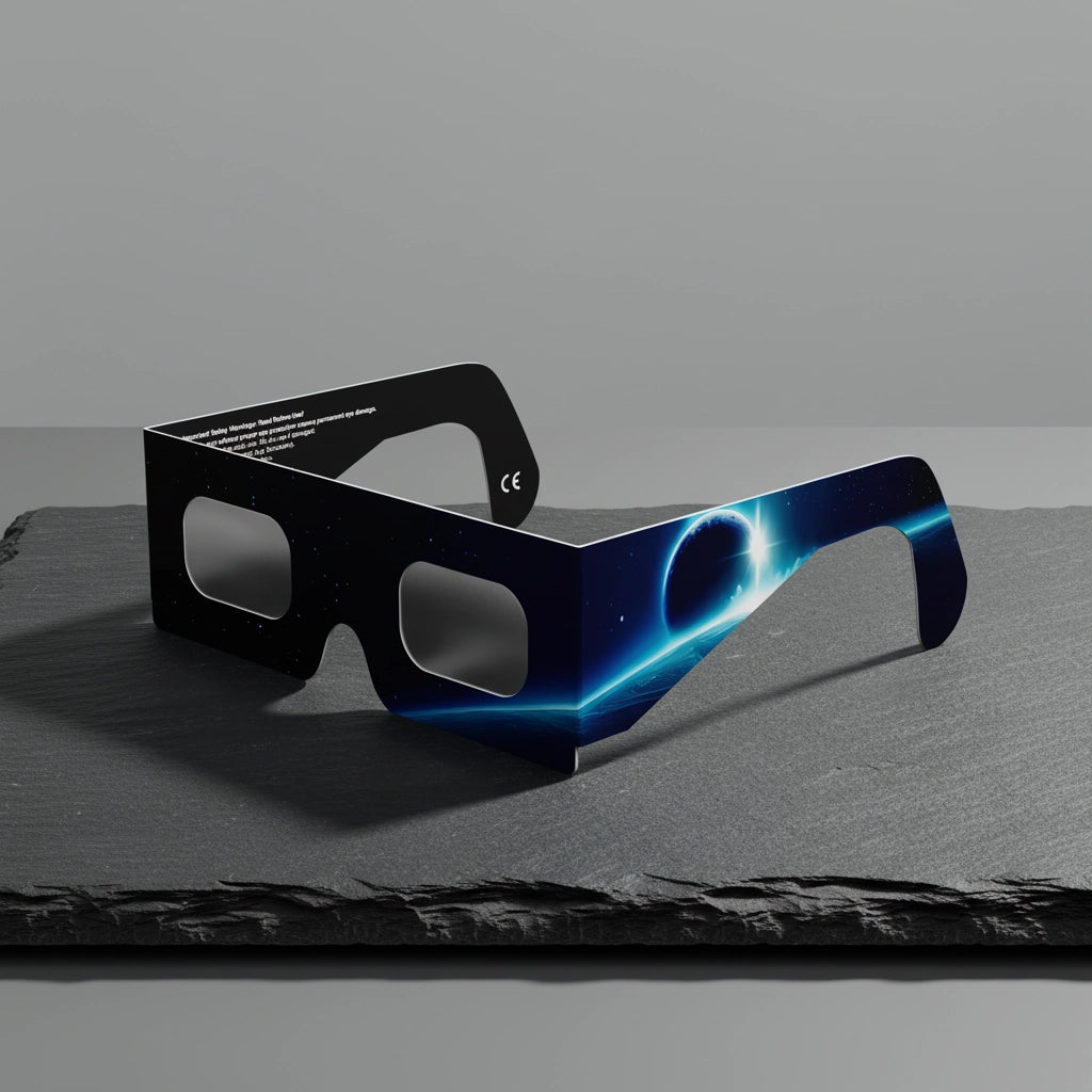 A sleek pair of Orbiter design solar eclipse glasses resting on a dark slate rock, CE certified for safe viewing.