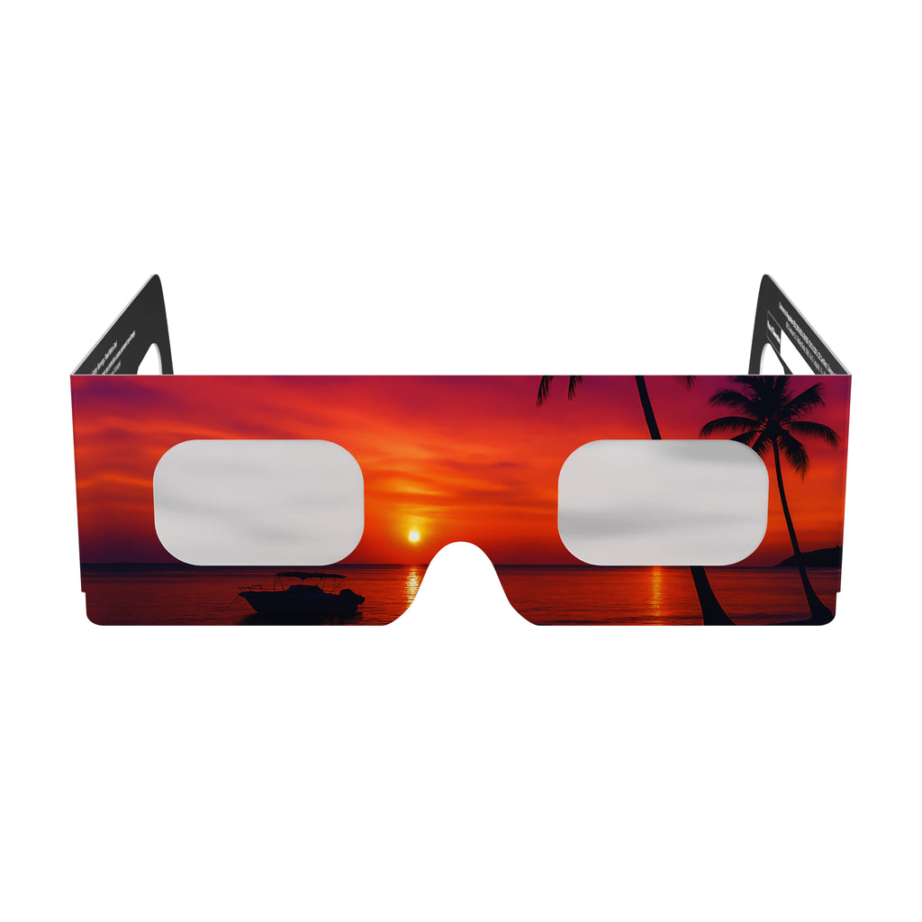 Front view of solar eclipse glasses showcasing flat lenses and tropical design. ISO 12312-2 compliant.