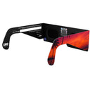 Back-side angle of solar eclipse glasses revealing flat lenses and QR authenticity sticker. CE certified.