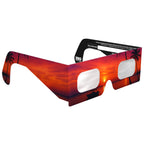 Front-side angle view of solar eclipse glasses highlighting their flat lenses and tropical palm design.