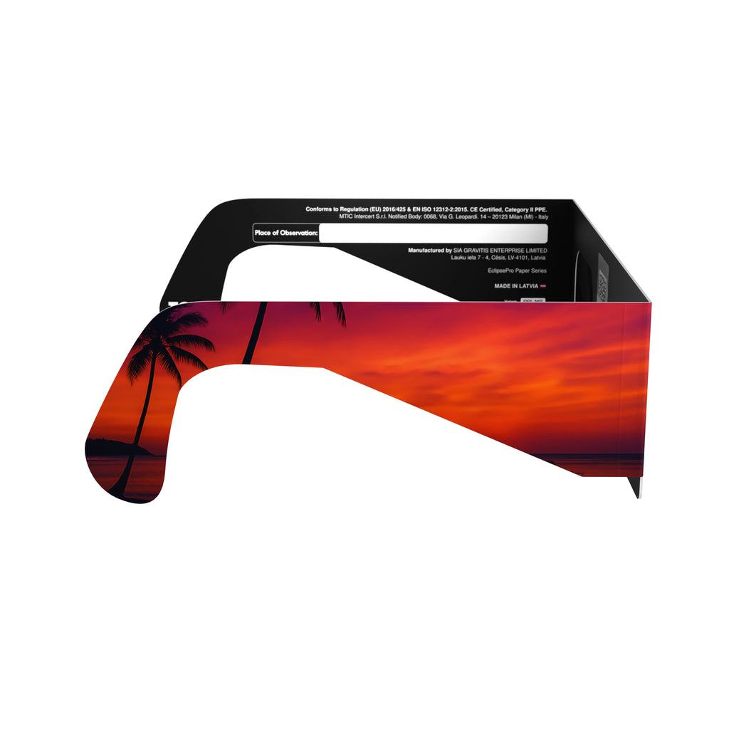 Side profile view of solar eclipse glasses demonstrating their sleek design and safety compliance.