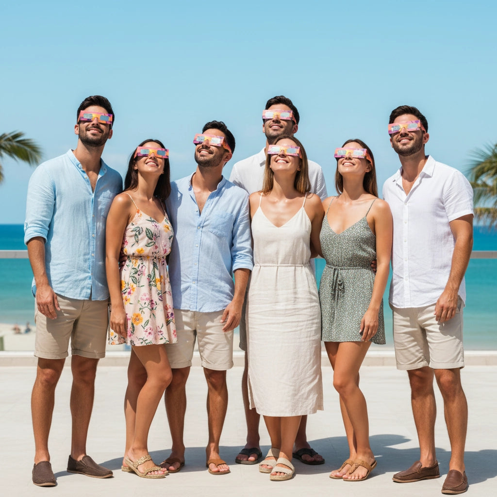 A group of six friends at a beach party, wearing solar eclipse glasses and admiring the clear sky in excitement.