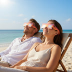 A couple enjoying a sunny beach, wearing solar eclipse glasses while gazing at the sky with awe. Tropical paradise vibe.