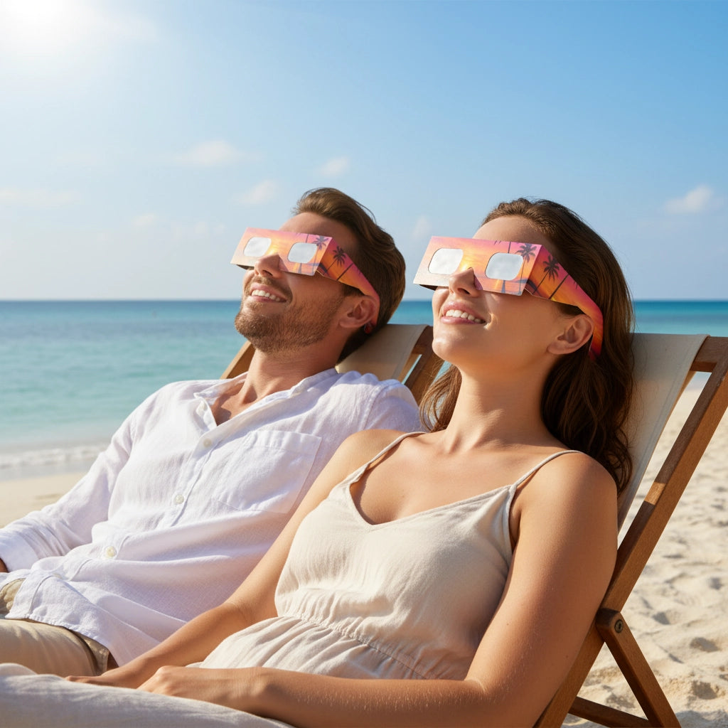 A couple enjoying a sunny beach, wearing solar eclipse glasses while gazing at the sky with awe. Tropical paradise vibe.