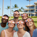 Colleagues at a tropical wellness retreat, wearing solar eclipse glasses and gazing up at the sky with smiles. Safe viewing.