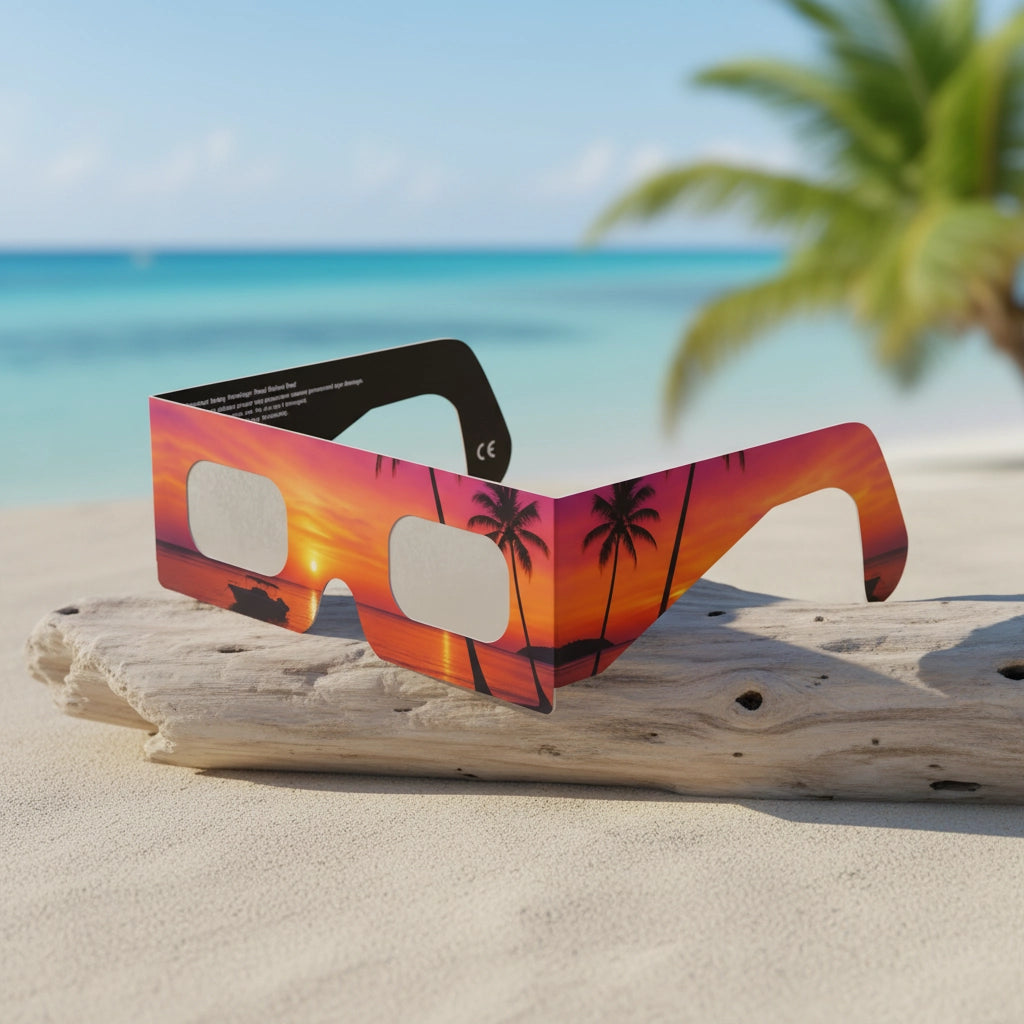 Solar eclipse glasses resting on sun-bleached driftwood in a tropical beach setting. CE certified for safe viewing.