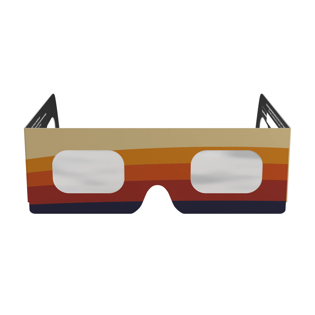 Front view of peace design solar eclipse glasses showcasing the calm, tranquil style. ISO 12312-2 certified.