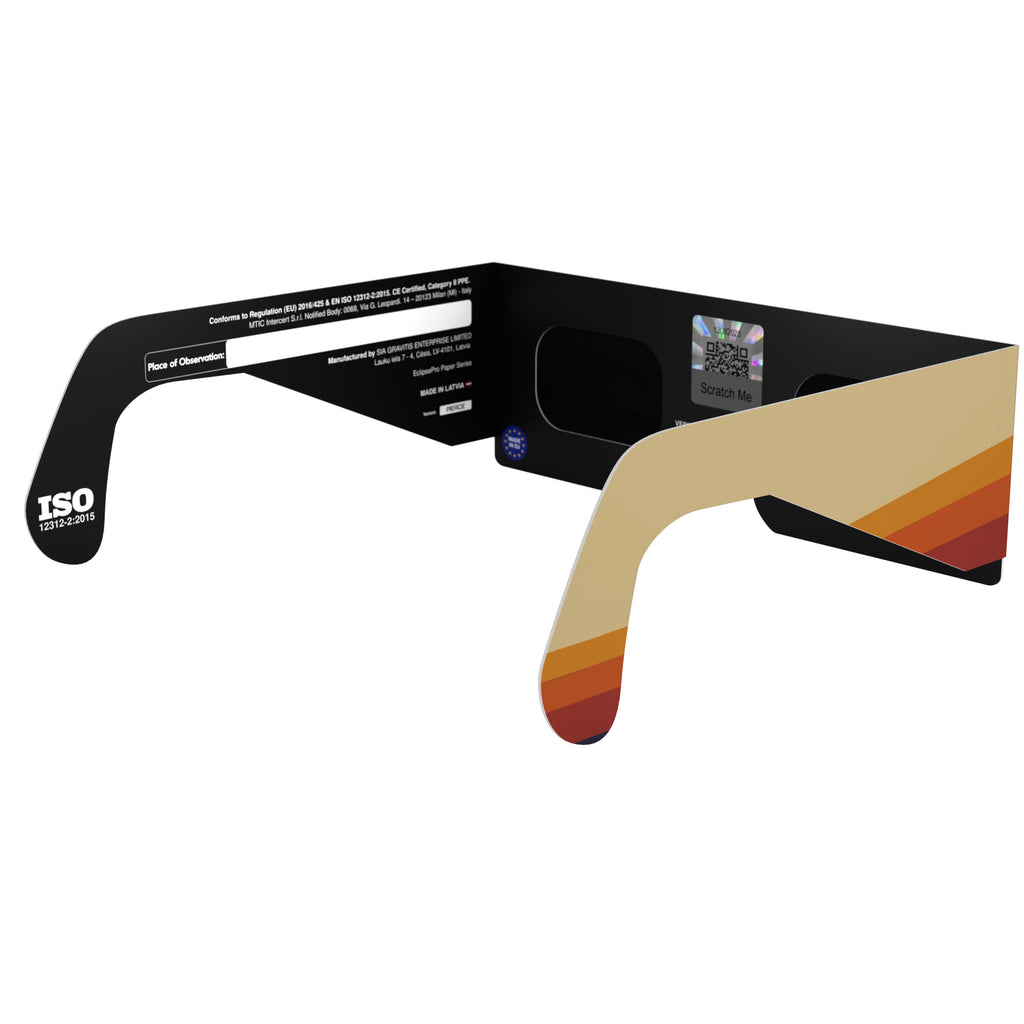 Back-side angle view of peace design glasses, showcasing QR authenticity sticker and tranquil theme.