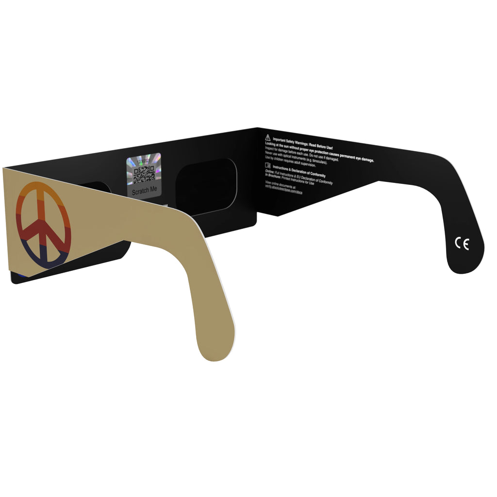 Back-side alternate angle of peace design glasses, highlighting the calm design with QR sticker visible.