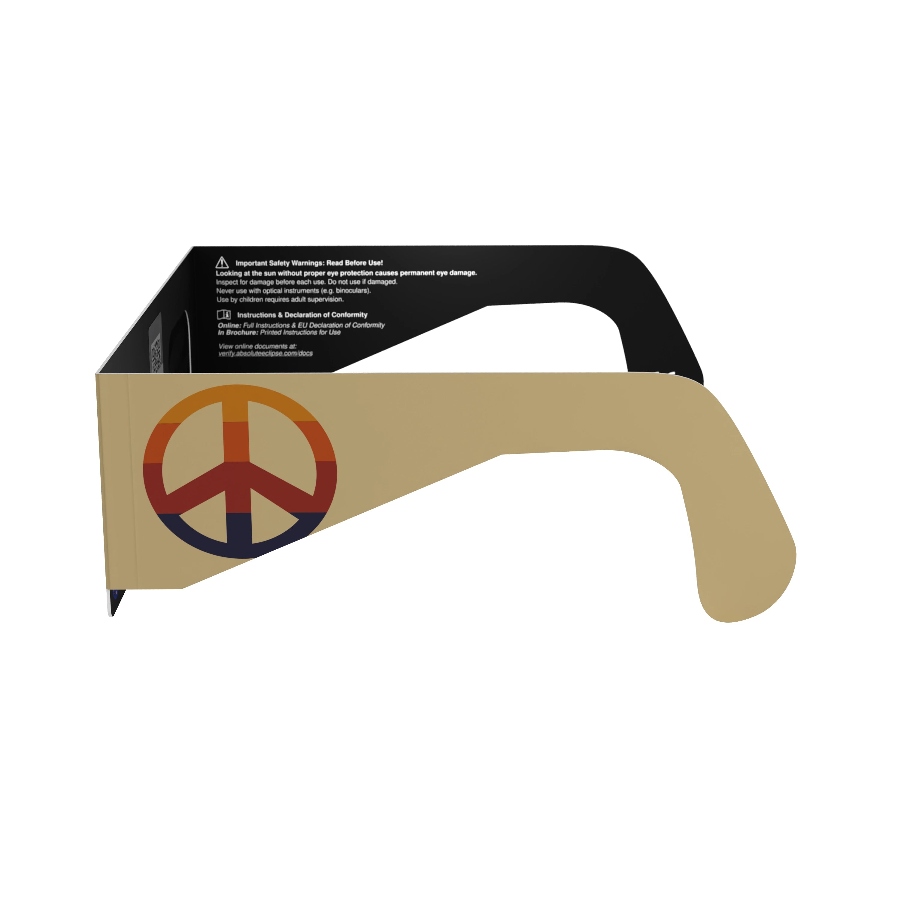 Side alternate profile view of peace design eclipse glasses, emphasizing their tranquil aesthetic.