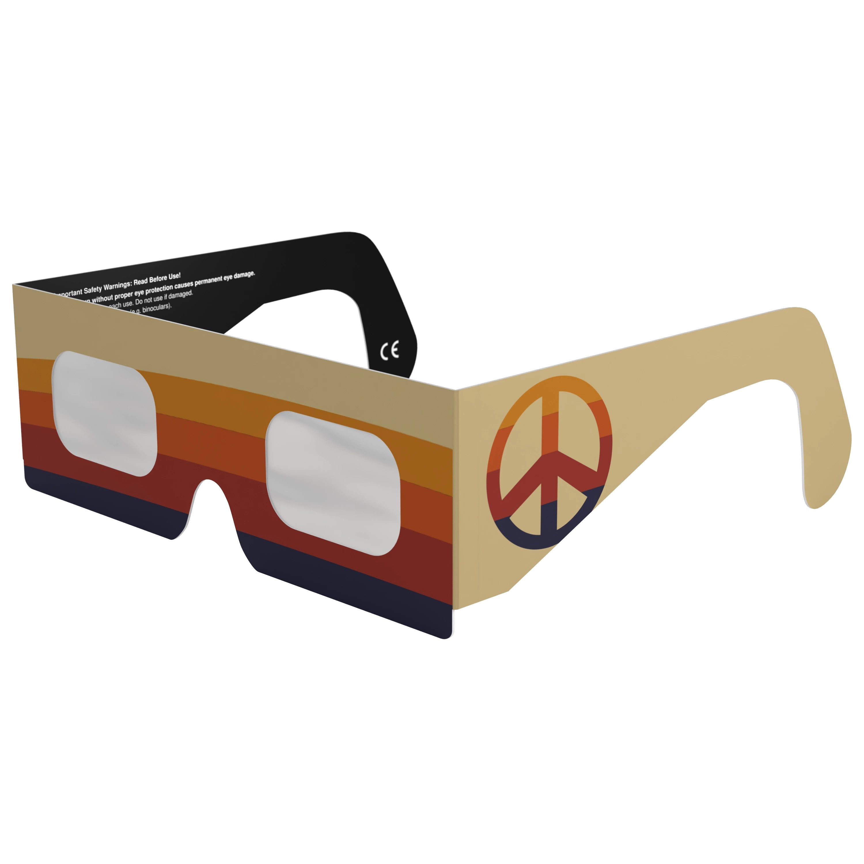 Front-side main angle view of peace design solar eclipse glasses showcasing their serene design.
