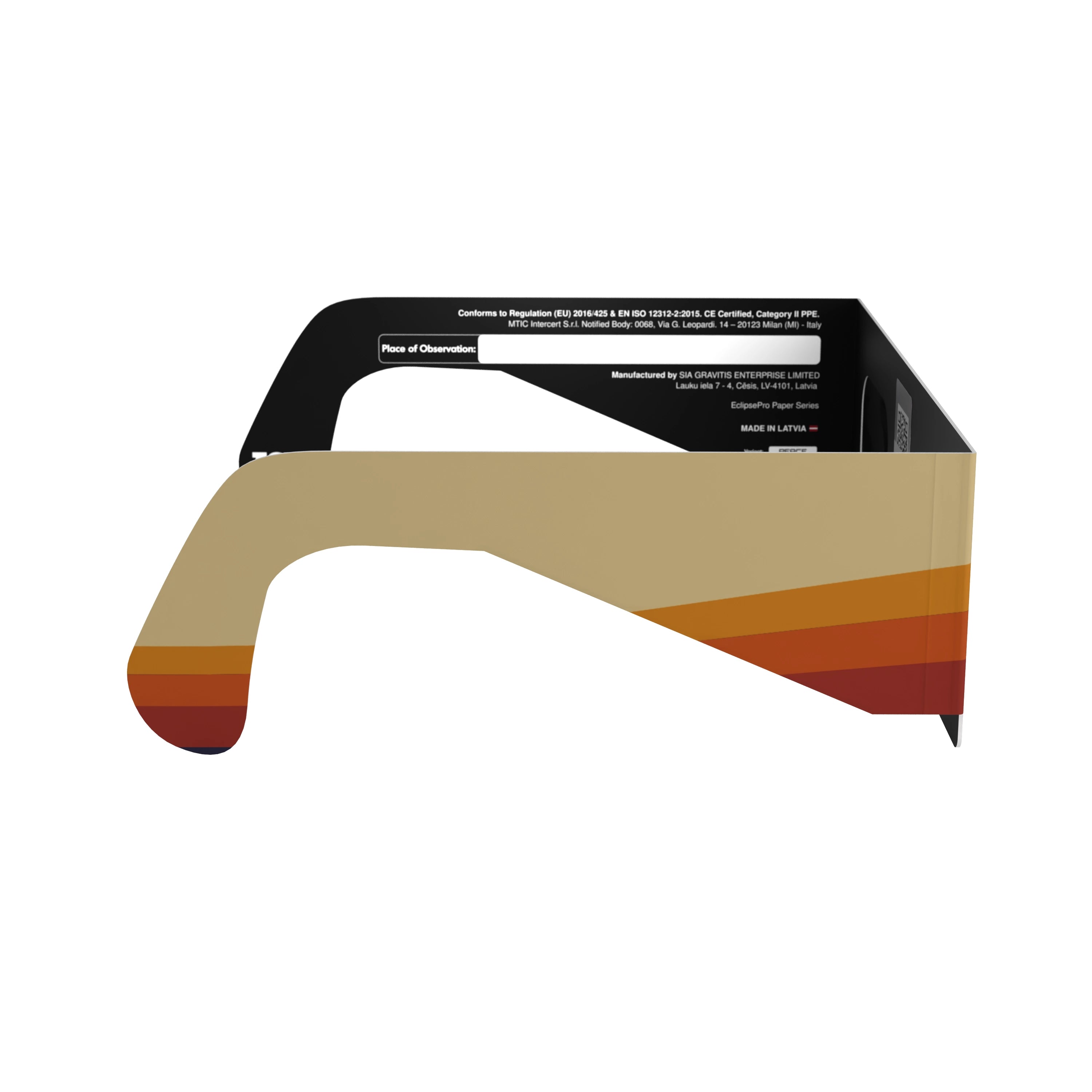 Side profile of peace design solar eclipse glasses emphasizing the calm aesthetic. ISO 12312-2 compliant.