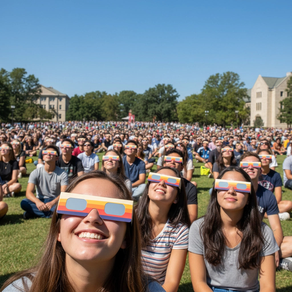 A large crowd at a university event, all wearing peace design glasses, looking up with expressions of awe. ISO 12312-2 compliant.