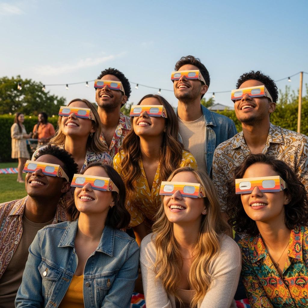 A diverse group at a backyard party all wearing peace design glasses, sharing a joyful moment under a sunny sky.