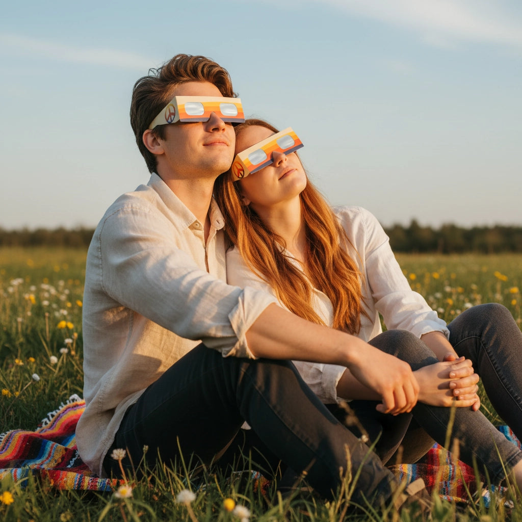 A young couple sharing a tranquil moment on a blanket, wearing peace design glasses under a sunny sky. CE certified.